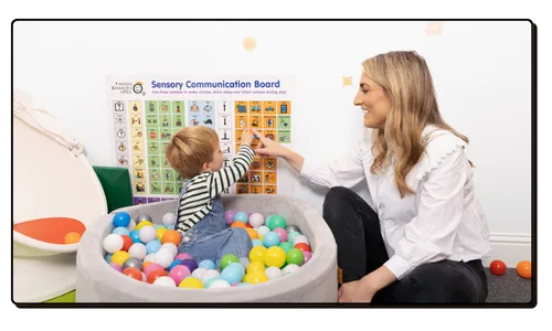 A white women with blonde hair sits on the floor next to a small blonde boy in a ball pit, they are pointing at a sensory communication board